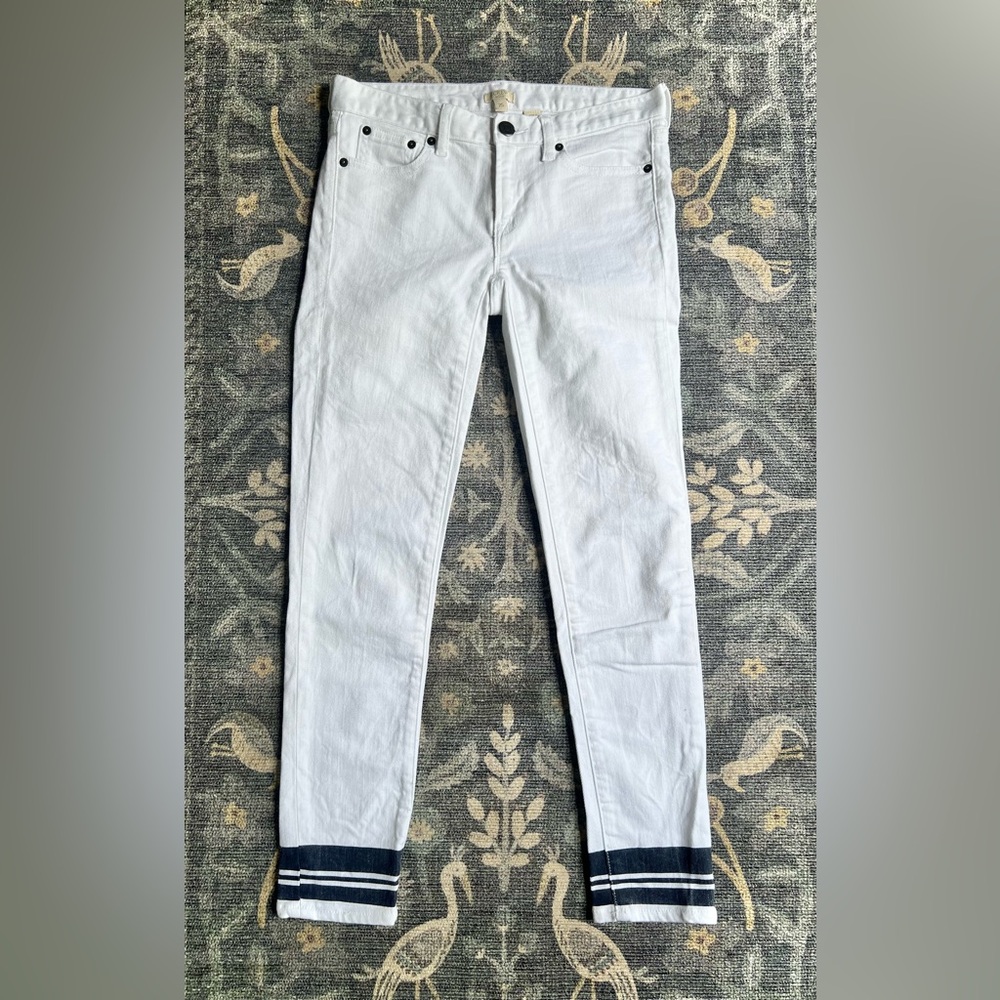 J. Crew Women's Skinny Jeans - White with indigo stripes along bottom